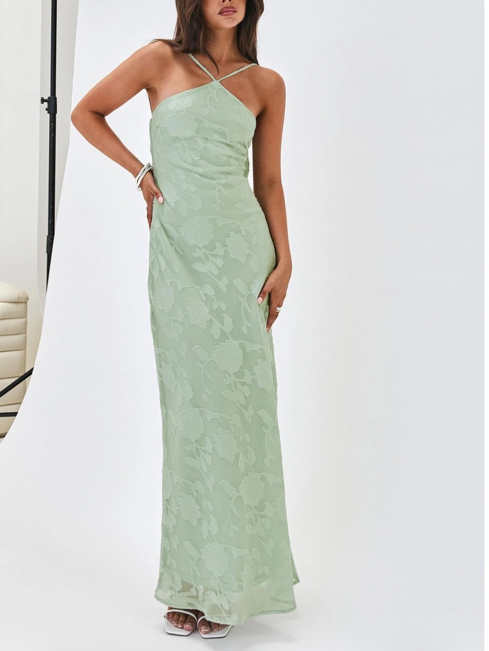 Princess Polly Sage Green One-Shoulder Floral Jacquard Maxi Dress